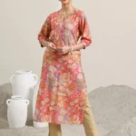 Peach Printed Silk Blend Straight Kurta