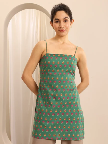 Green Printed Cotton Blend Straight Short Kurti