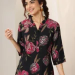 Black Printed Silk Blend Straight Short Kurti