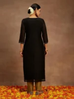 Black Woven Design Chanderi Silk Straight Kurta - Image 4
