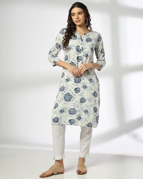 473Wx593H-443067435-white-MODEL.jpg Women Floral Print Straight Kurta - Image 1