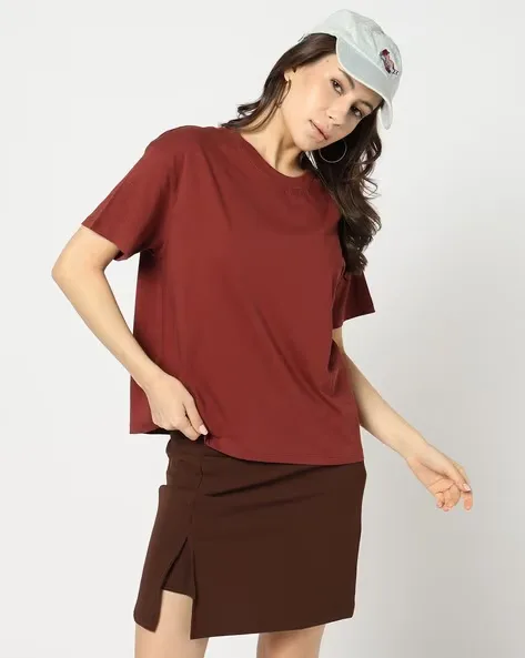 473Wx593H-443071822-chocolatebrown-MODEL.webp Women Cotton Regular Fit Crew-Neck T-Shirt - Image 1