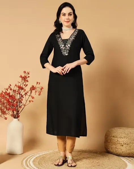 473Wx593H-702460507-black-MODEL.webp Women Embroidered Straight Kurta - Image 1